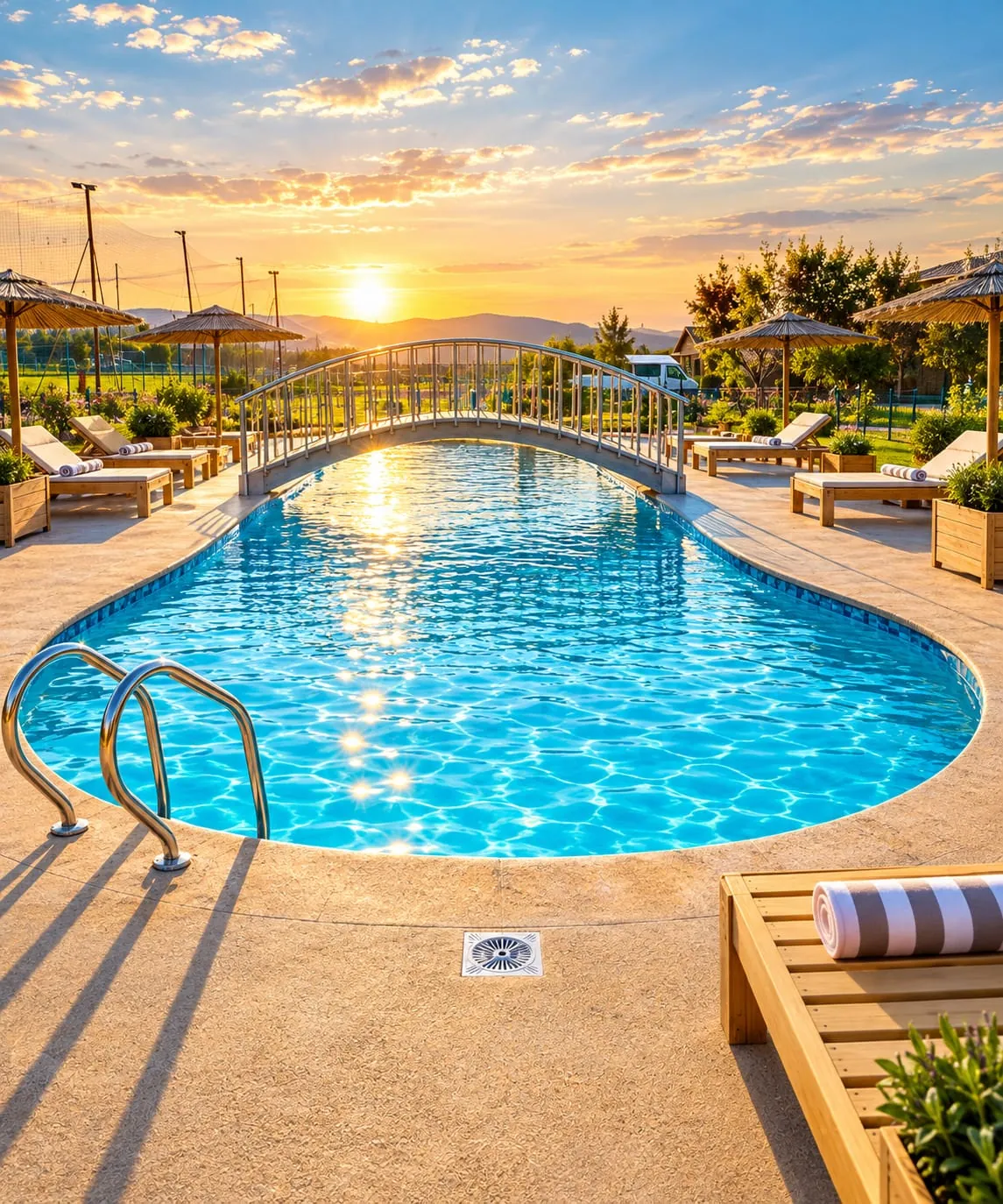 Piscina al aire libre con puente y reposeras al atardecer